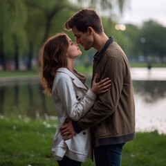 Fototapeta premium a beautiful girl raises and the guy hugs her and wants to kiss her. a park. profile, vertical photo