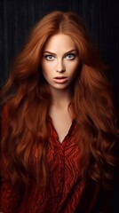 Fototapeta premium Beautiful long-haired red-haired girl in a red blouse looks surprised at the camera, vertical photo