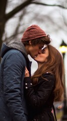 Fototapeta premium guy kisses girl, vertical photo, outdoors, young couple, young