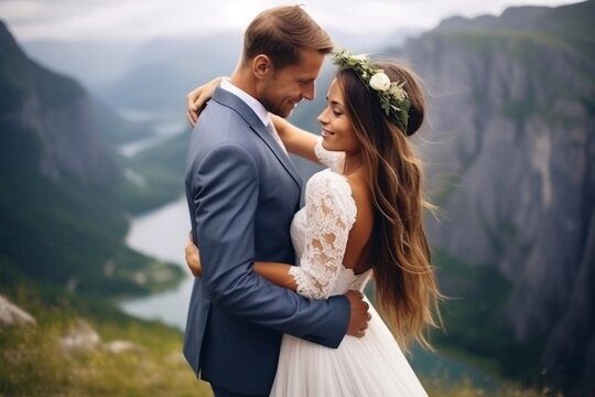 Happy newlyweds hug against the backdrop of a beautiful mountain landscape, the guy kisses the girl, the girl looks into the frame