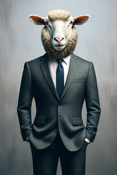 Surreal Portrait Of A Sheep's Head On A Human Body Dressed In A Formal Suit, Blending The Animal And Business Worlds In A Humorous Fashion.Animal Representation Concept.AI Generated.