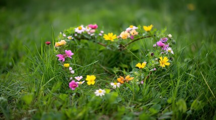 Obraz premium Fundo fotográfico de primavera com flores formando um coração no jardim