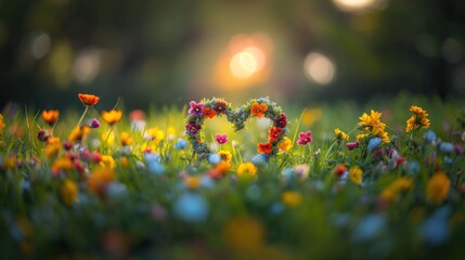 Fundo fotográfico de primavera com flores formando um coração no jardim