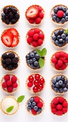 Beautiful set of delicious sweet tartlets with fresh berries on a white background, top view. Banner design, vertical photo - obrazy, fototapety, plakaty