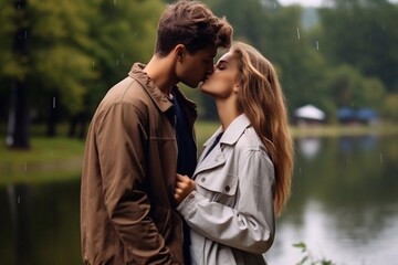 Fototapeta premium A sweet kiss. A handsome guy is standing in a park near a lake and kisses his girlfriend on the lips