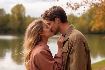 Fototapeta premium A sweet kiss. A handsome guy is standing in a park near a lake and kisses his girlfriend on the lips