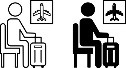 Traveler icons. Black and White Vector Icons. Tourist with Suitcase Waiting for Flight. Travel and Vacation Concept