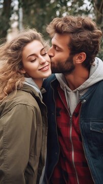 A guy kisses a girl and hugs near a lake and mountains. close-up, vertical, horizontal photo