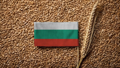 Grains wheat with Bulgaria flag, trade export and economy concept. Top view.
