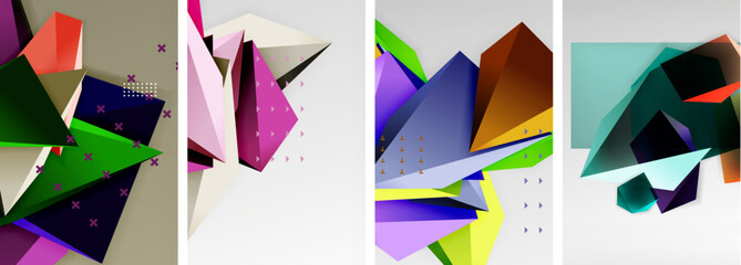 Trendy low poly 3d triangle shapes and other geometric elements background designs for wallpaper, business card, cover, poster, banner, brochure, header, website