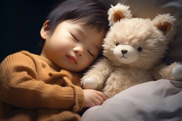 A young child sleeps soundly, cuddling with a plush teddy bear on a cozy bed.