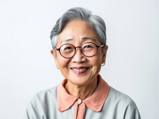 Obraz premium Close-up of a cheerful elderly Asian woman with glasses, radiating warmth and happiness.