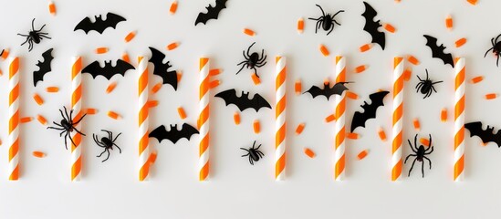 Fototapeta premium Festive Halloween candy sticks arranged with spooky bats, spiders and cobwebs for seasonal treats and decorations