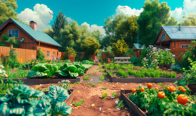 An allotment garden filled with flowers. A grey blue wooden shed with door and window in the background.