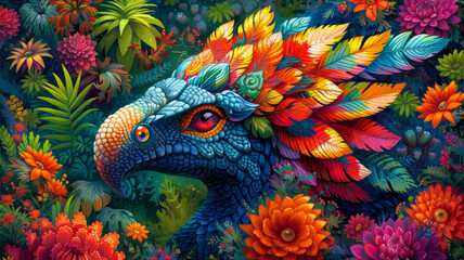 Vibrant Aztec Feathered Serpent Quetzalcoatl in Colorful Jungle: Symbol of Creativity & Transformation - Ideal for Artistic/Cultural Promotions | Ai Generated