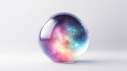 A crystal ball with a galaxy theme inside it placed against a dark starry background.