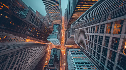 Vertical Perspective: Use a drone or aerial photography to capture the empty roof space from a high vantage point, showcasing the towering skyscrapers from above and creating a dynamic sense of scale. - obrazy, fototapety, plakaty