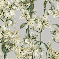 Fototapeta na wymiar Watercolor seamless pattern of white lilies on the grey background.Sage leaf color for for fabric,cards, flyers, poster, banner,stoles, wallpaper, furniture.