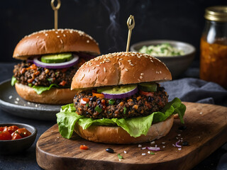 Smoky chipotle black bean burgers served on toasted whole-grain buns. - obrazy, fototapety, plakaty