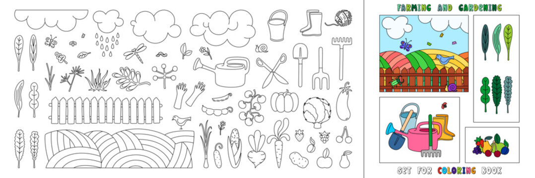 Gardening, farming and agriculture. A set of elements for creating a children's coloring book.
