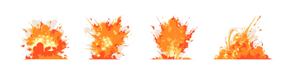 set of burning fire and explosion, fast move trace, splashes, and smoke comic game effect illustration