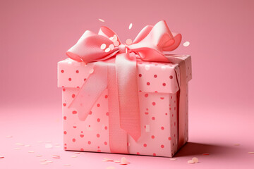 gift or present box on a pale pink background, decorated with a bow and ribbon, creating a romantic atmosphere. Festive concept.