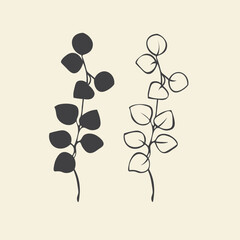 Botanical vector illustration. Monochrome icon, hand drawn eucalyptus branch. Floral clip art.
