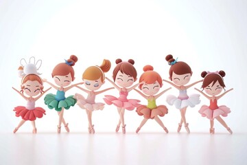 a group of ballerina figurines standing next to each other on a white surface