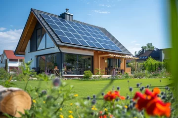Fotobehang New modern eco friendly passive house with a photovoltaic system on the roof and landscaped yard. Solar panels on the gable roof © vejaa