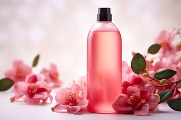 Delicious floral Shampoo with drops on the background, flying objects