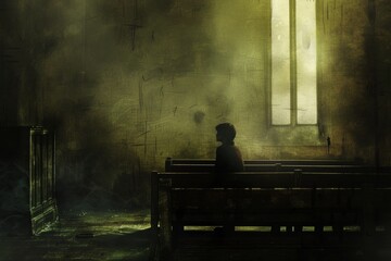 man sitting on the bench in church confessing - obrazy, fototapety, plakaty