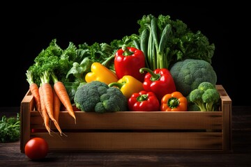 close up of fresh and healthy vegetables and fruit on a black background