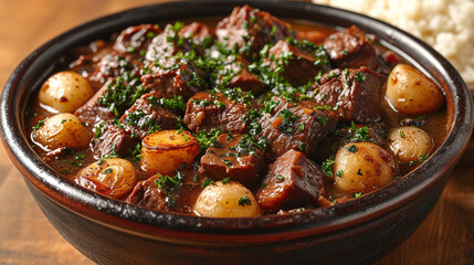 Beef Bourguignon stew with potatoes and vegetables