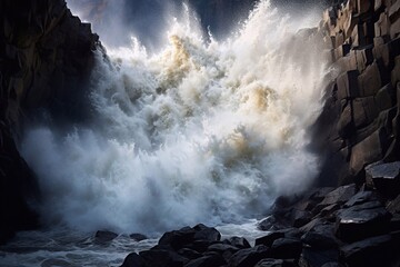 Wall of water like tsunami - turbulent waves of ocean more than 8 meters (heavy) and rugged beauty of basalt rocks (reef, shoal head). Dangerous hurricanes and cyclones becoming more frequent