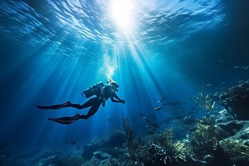 Fototapeta na wymiar Beautiful free diver woman glides with fins underwater. Freediving in the tropical blue ocean
