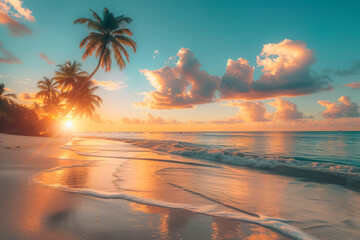 Fototapeta na wymiar Orange sunset at the coconut palms beach. Palm trees on seashore landscape. The waves beat on the sand on a sandy beach.