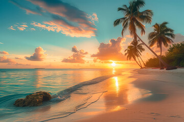Orange sunset at the coconut palms beach. Palm trees on seashore landscape. The waves beat on the sand on a sandy beach. - obrazy, fototapety, plakaty
