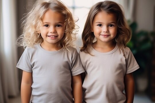 Young beautiful mom with her daughter wearing blank gray t-shirt and jeans posing against rough concrete wall, minimalist street fashion style, family same look, clothing for parent and child