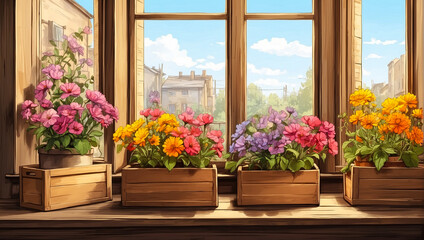 Petunias and marigolds in wooden pots on the windowsill - obrazy, fototapety, plakaty