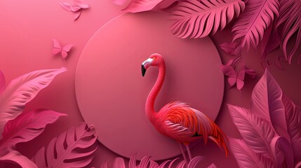 Neon tropical leaves around the circle, empty space in the center, pink flamingo and pink leaves and pink butterfly and some pink tropical elements around the circle, on neon pink tones background. - obrazy, fototapety, plakaty