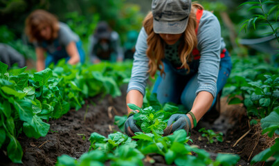 allotment garden where people are busy growing and caring for vegetable.