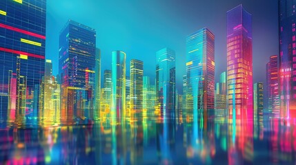 A colorful and vibrant abstract skyline of neon skyscrapers glowing at nigh.