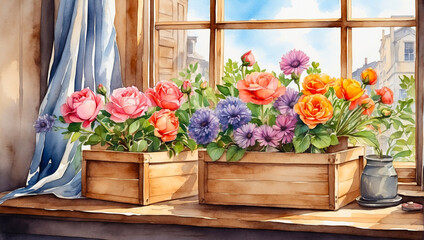 Fototapeta na wymiar Flowers in wooden boxes on the windowsill. Watercolor illustration. Growing flowers at home