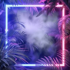 A neon frame surrounded by palm leaves.