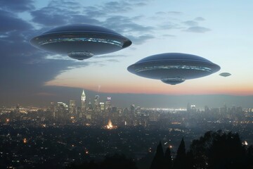 Fototapeta na wymiar Two UFOs soar above city at night, piercing the dark sky with a mysterious glow