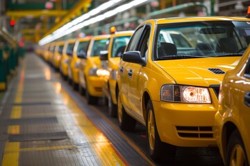 Line of yellow taxis on factory assembly line, indicating mass transportation. Series of yellow cabs in production line, a representation of urban transport manufacturing - obrazy, fototapety, plakaty