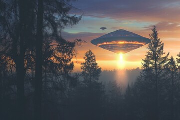 an ufo is flying over a forest at sunset