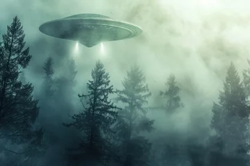 Poster an ufo is flying over a foggy forest © Anna