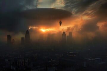 Fototapeta premium A large cloud hovers above the city as dusk sets in