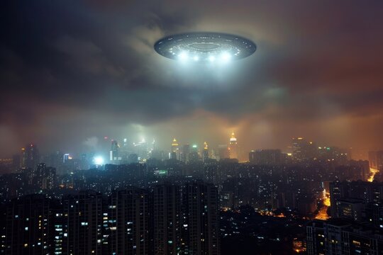 An unidentified flying object hovers above a dark cityscape at night
